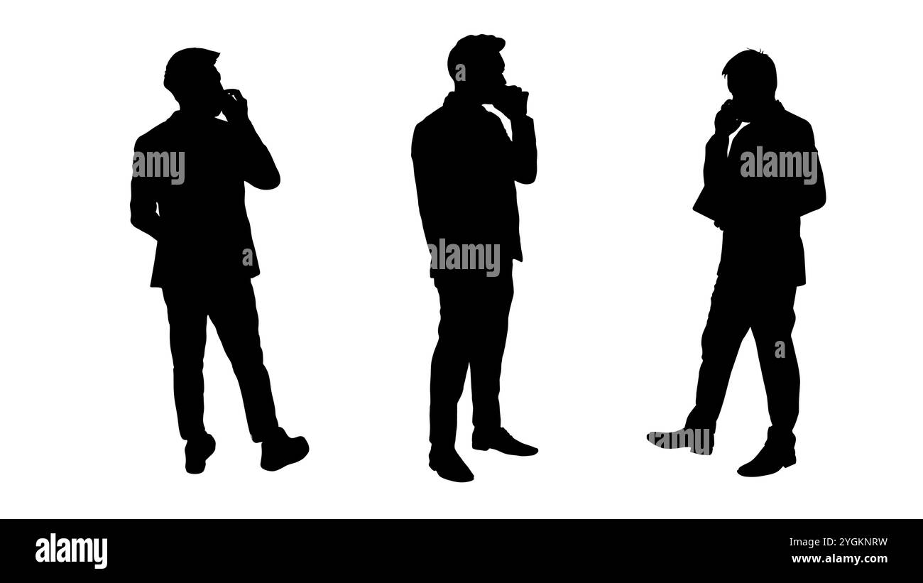 Tre sagome di uomini d'affari sono in fila, ognuna delle quali racchiusa in un concetto di conversazione telefonica della tecnologia mobile nel business contemporaneo, Highlig Illustrazione Vettoriale