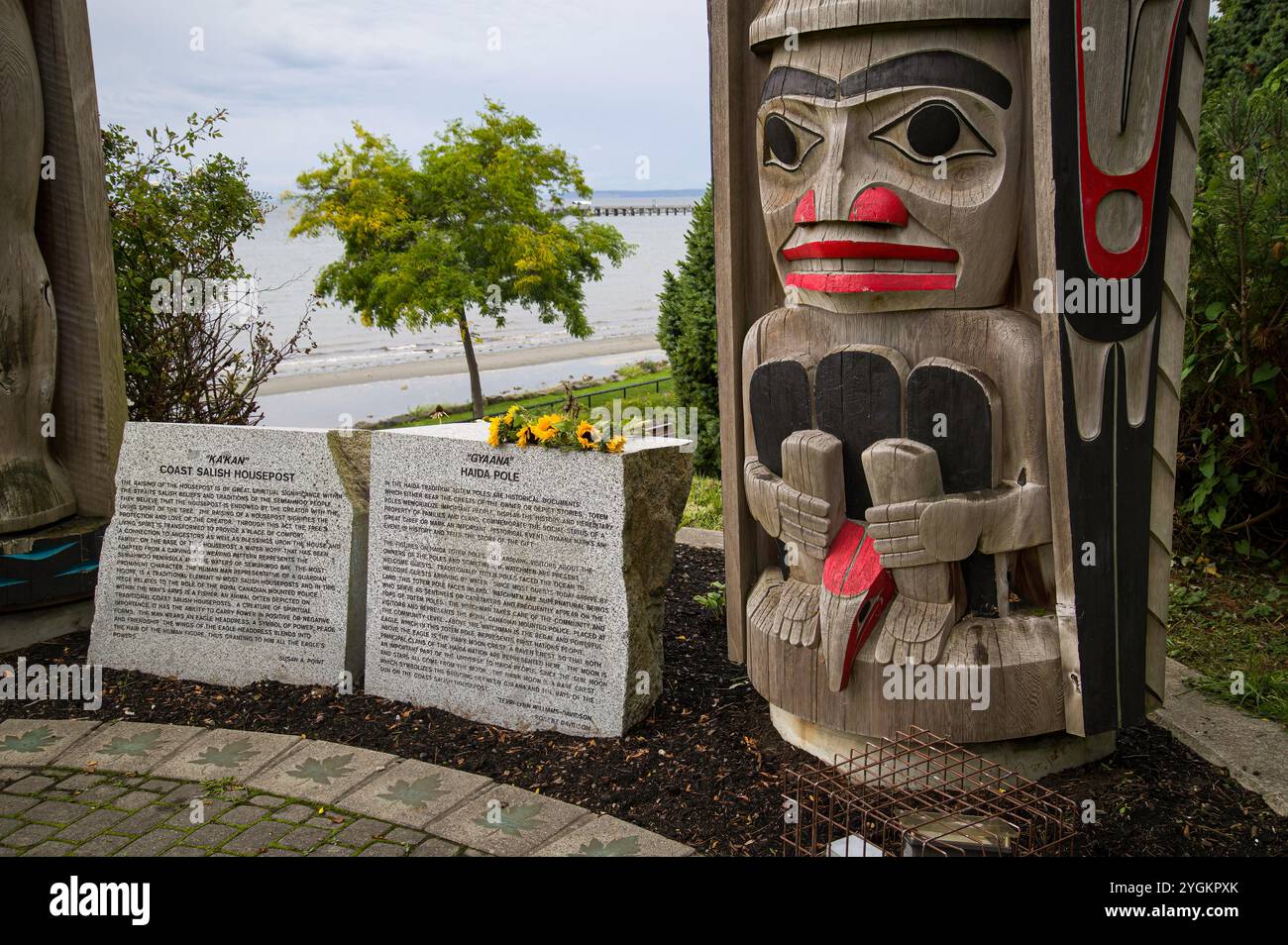 Primo piano del totem di Haida e marcatori interpretativi che descrivono i due poli del Totem Pole Park. Foto Stock