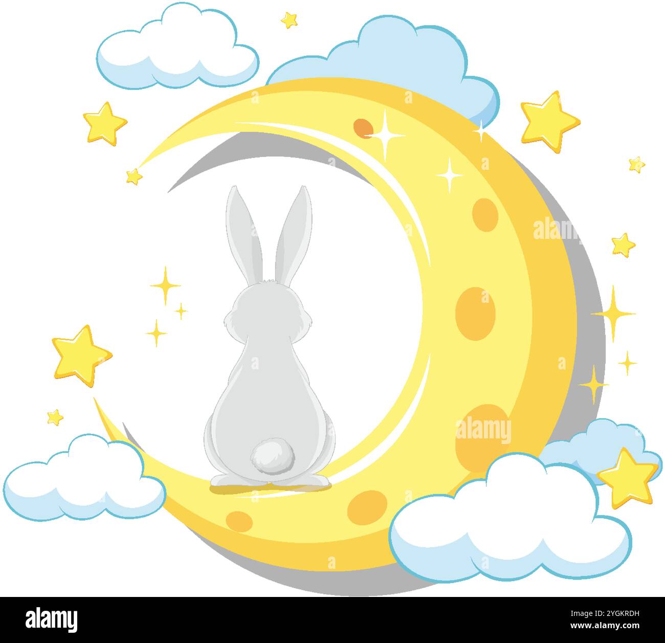 Un coniglio siede su una luna crescente circondata da stelle Illustrazione Vettoriale