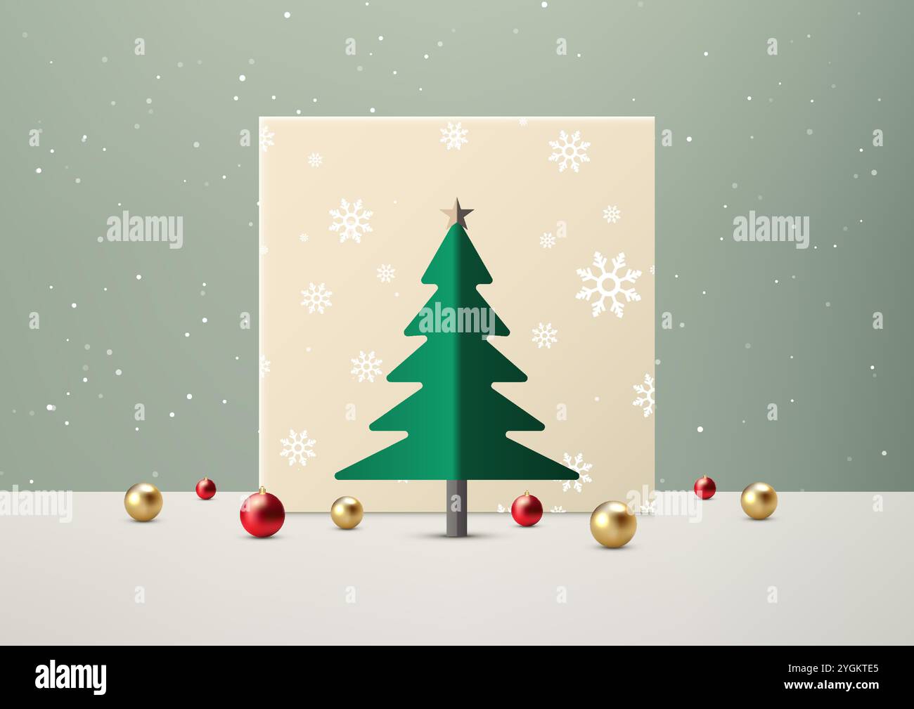 Semplice ed elegante design natalizio con albero di carta verde tagliato, stella d'oro e ornamenti rossi e dorati su sfondo verde chiaro fiocco di neve, vacanze Illustrazione Vettoriale