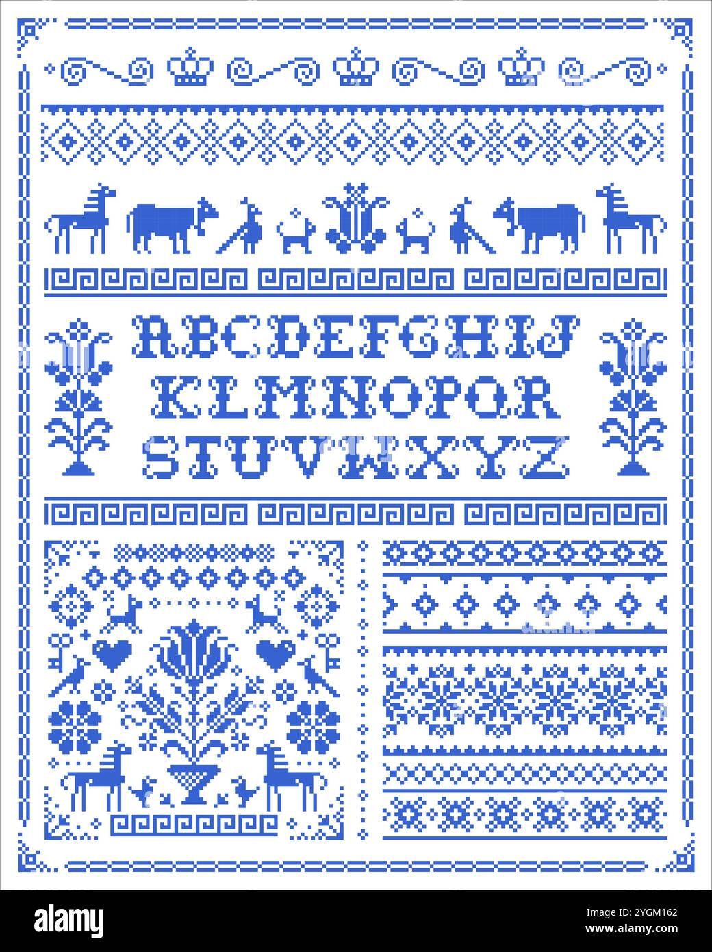 Collezione retro ross con cuciture vettoriali senza cuciture con alfabeto, fiori e animali - ornamenti pixelati ispirati all'arte popolare tedesca e austriaca Illustrazione Vettoriale