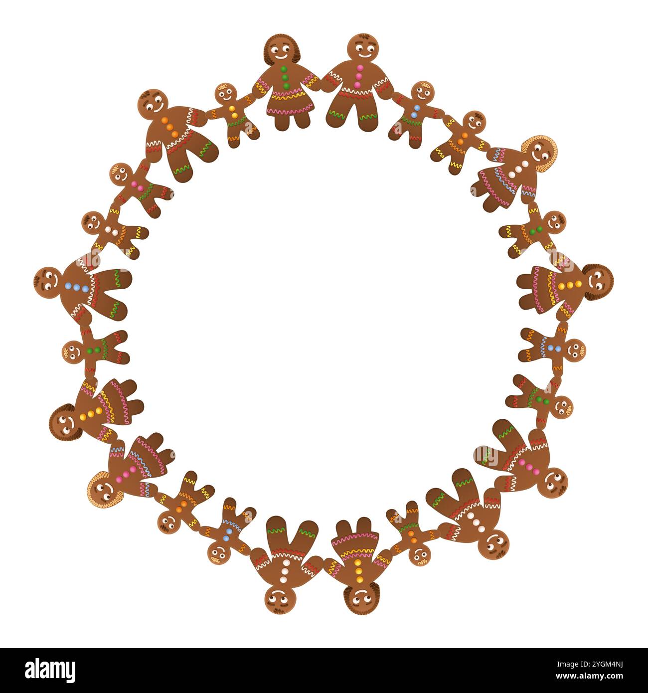 Telaio circolare con figure di pan di zenzero che tengono le mani. Bordo decorativo di uomini, donne e bambini di pan di zenzero, formando gruppi e famiglie. Foto Stock