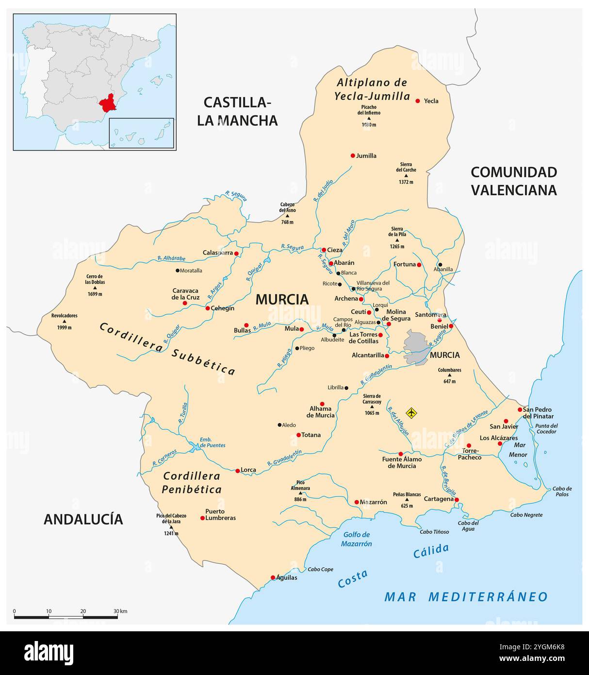 Mappa della comunità autonoma spagnola di Murcia Foto Stock