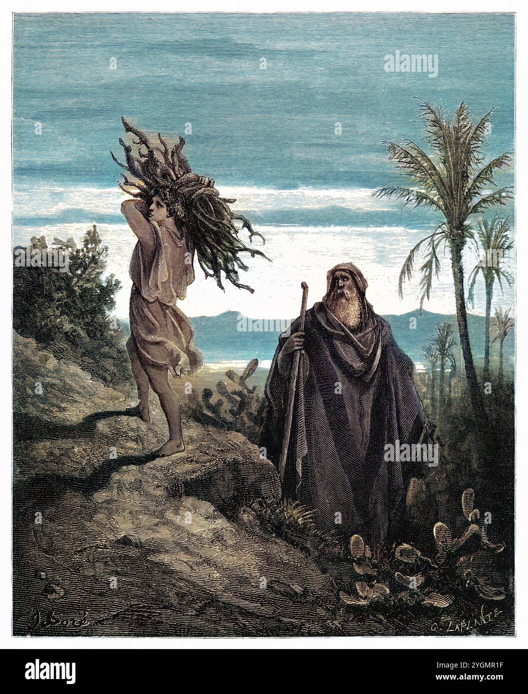 La prova della fede di Abramo (Genesi 22,10-12) Abramo e Isacco portano il legno sacrificale. Vecchio Testamento. Antica illustrazione biblica colorata digitalmente di Gustave Doré (1832-1883) Foto Stock