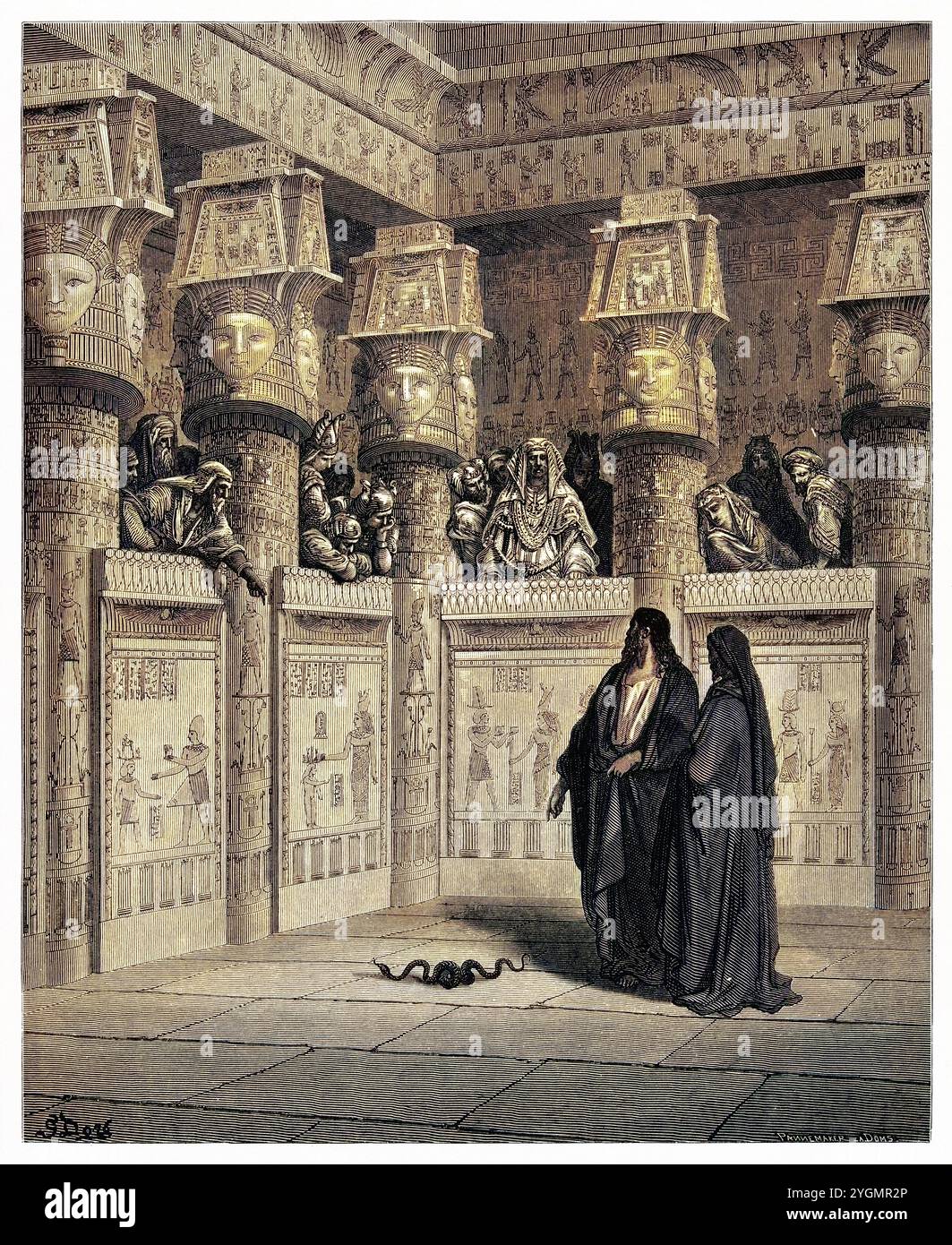 Mosè e Aronne prima del Faraone. Mosè il profeta ebraico trasforma il suo bastone in un serpente di fronte al re egiziano. Vecchio Testamento. Antica illustrazione biblica colorata digitalmente di Gustave Doré (1832-1883) Foto Stock