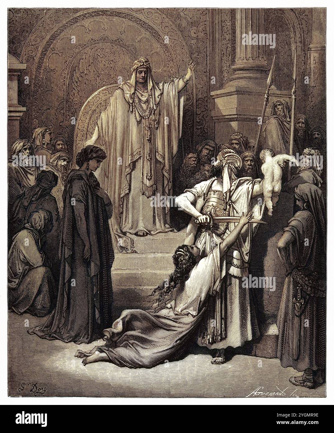 Il giudizio di Solomon. Salomone decide di dividere il bambino tra i due pretendenti. Vecchio Testamento. Antica illustrazione biblica colorata digitalmente di Gustave Doré (1832-1883) Foto Stock