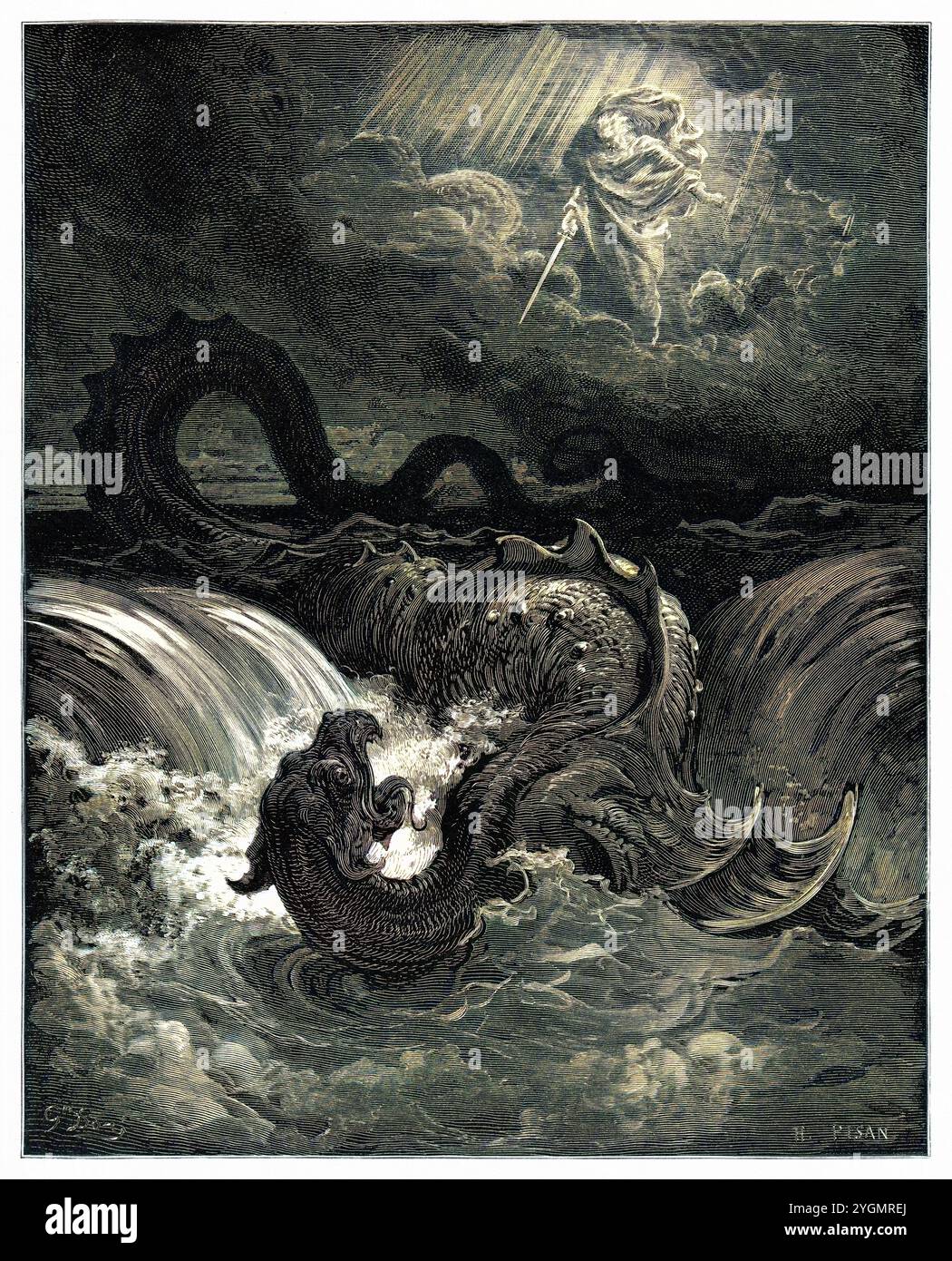 Dio distrugge il Leviatano, visione di Isaia. Vecchio Testamento. Antica illustrazione biblica colorata digitalmente di Gustave Doré (1832-1883) Foto Stock