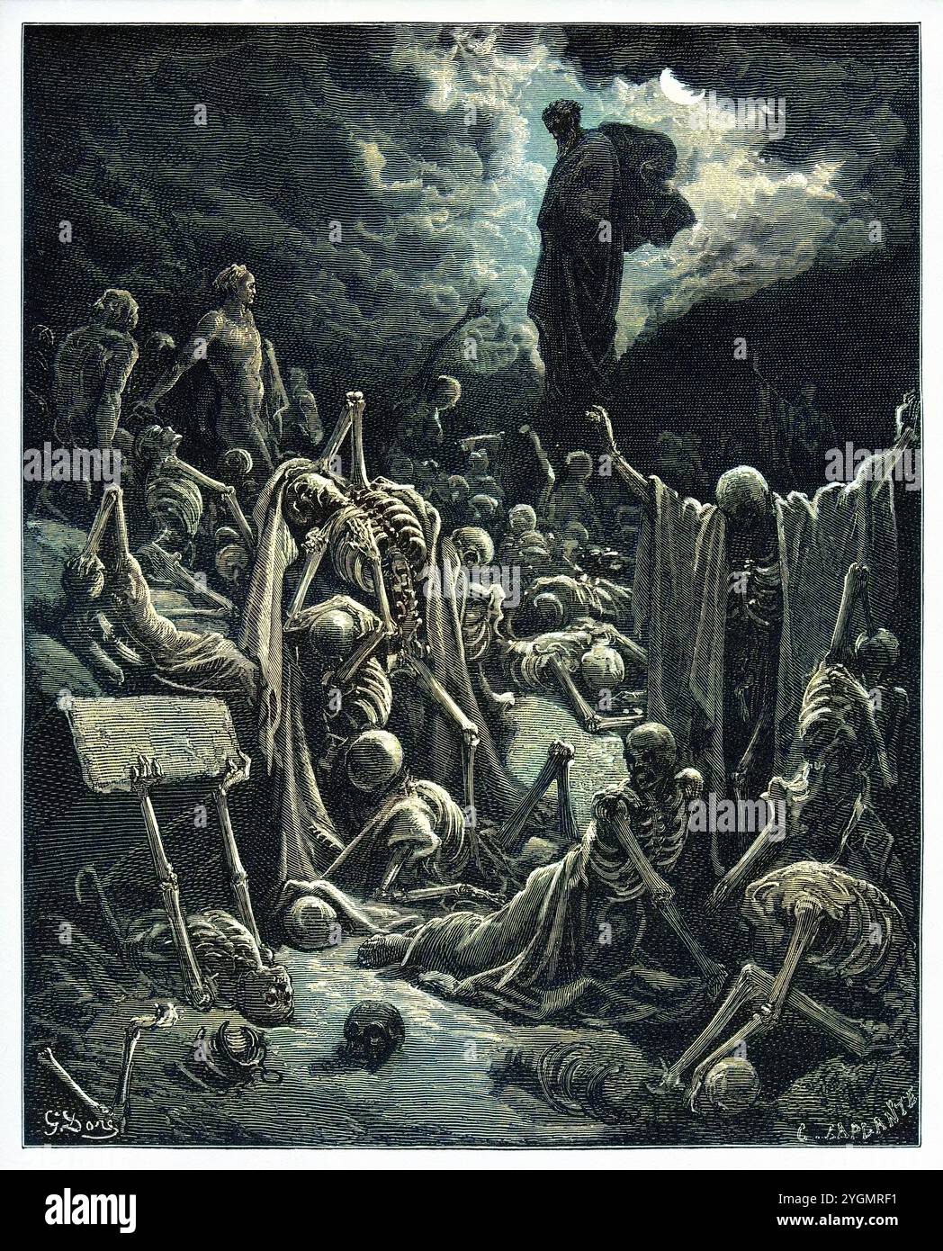 La visione della Valle delle ossa secche (Ezechiele 37:1-2) Antico Testamento. Antica illustrazione biblica colorata digitalmente di Gustave Doré (1832-1883) Foto Stock