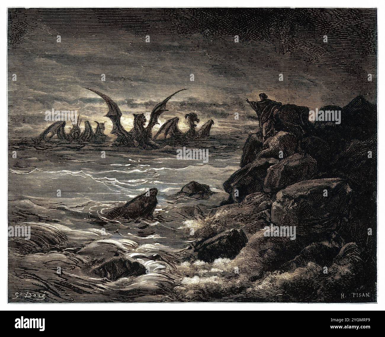 Visione del profeta Daniele. Vecchio Testamento. Antica illustrazione biblica colorata digitalmente di Gustave Doré (1832-1883) Foto Stock