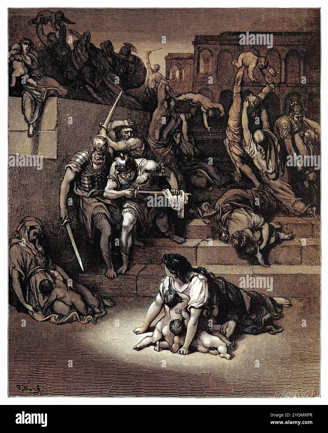 Re Erode ordina il massacro degli innocenti (Matteo 2:16) nuovo Testamento. Antica illustrazione biblica colorata digitalmente di Gustave Doré (1832-1883) Foto Stock