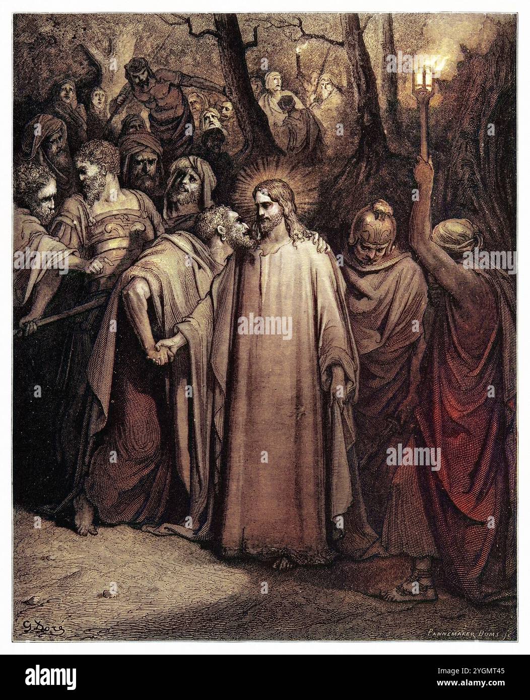 Giuda tradisce Cristo con un bacio (Matteo 26,49) nuovo Testamento. Antica illustrazione biblica colorata digitalmente di Gustave Doré (1832-1883) Foto Stock