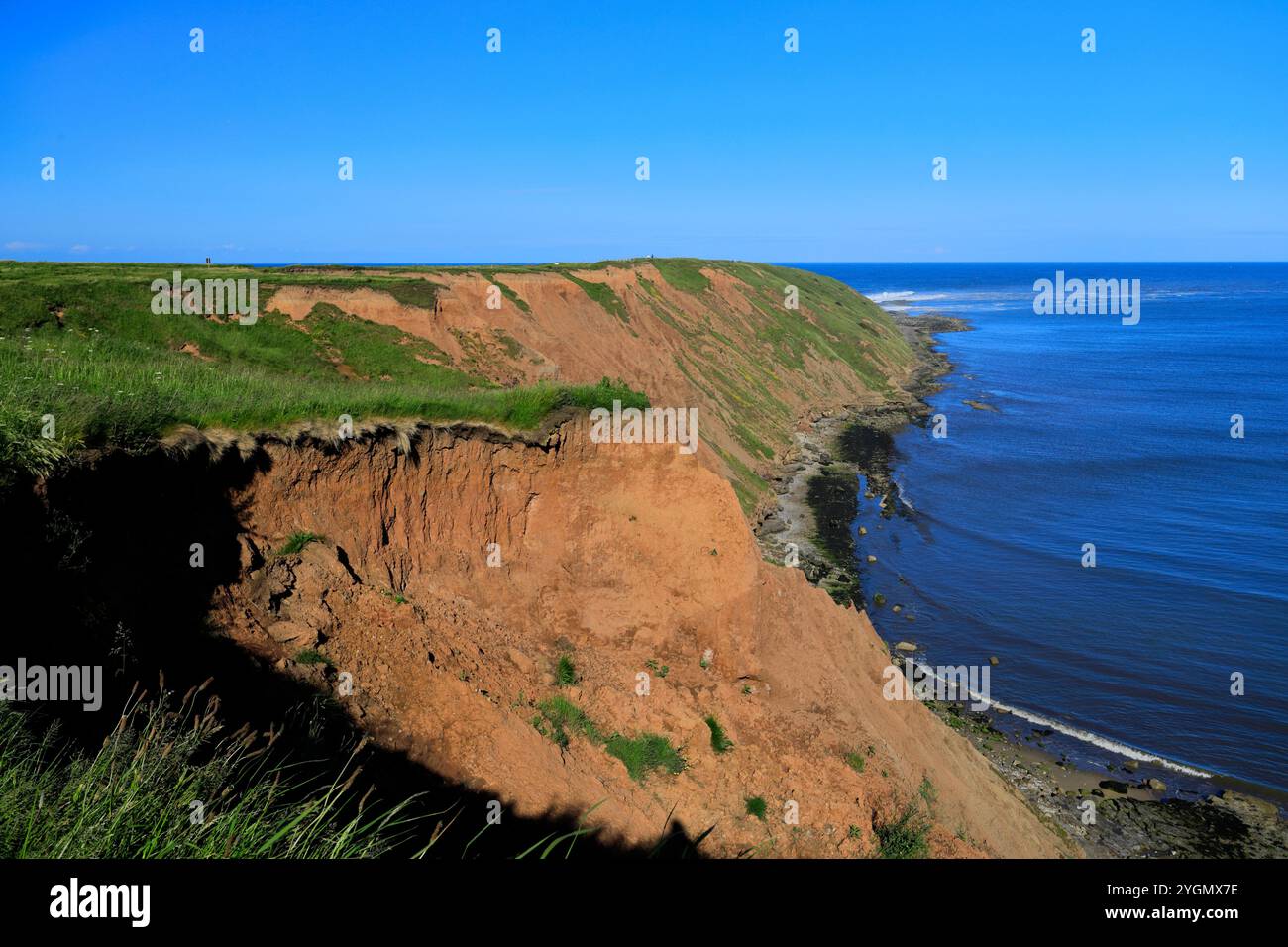 Vista sulla penisola di Filey Brigg, Filey Town, North Yorkshire, Inghilterra, Regno Unito Foto Stock