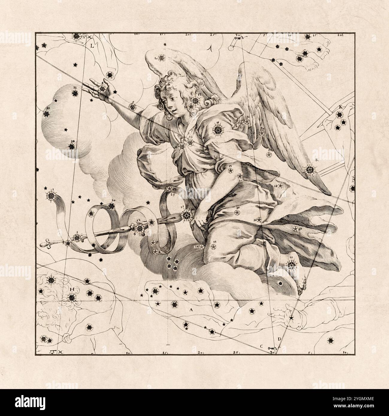 Illustrazione mappa celeste con ispirazione vintage. Costellazione, stelle e simboli astrologici. Stile rinascimentale. Foto Stock