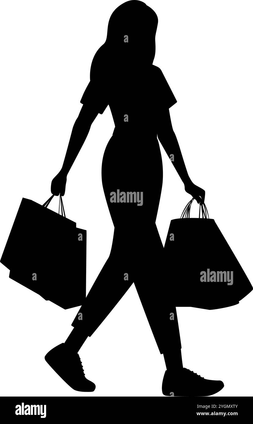 Silhouette di una donna che cammina e porta borse della spesa dopo l'acquisto. illustrazione vettoriale Illustrazione Vettoriale