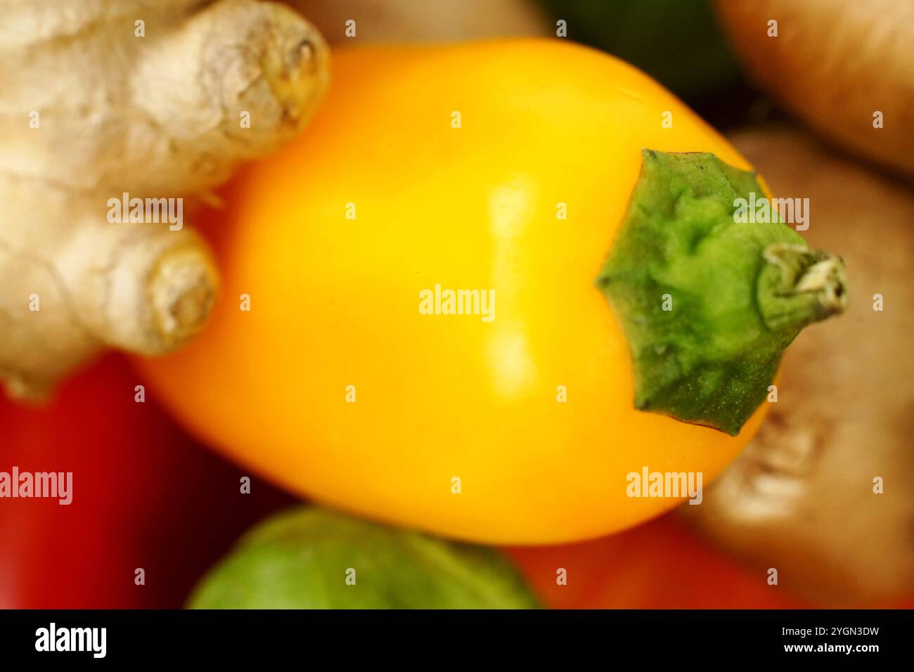 Primo piano di un peperoncino giallo con profondità di campo bassa. Lo sfondo mostra altre verdure e zenzero. Il colore dominante è giallo, con beige Foto Stock