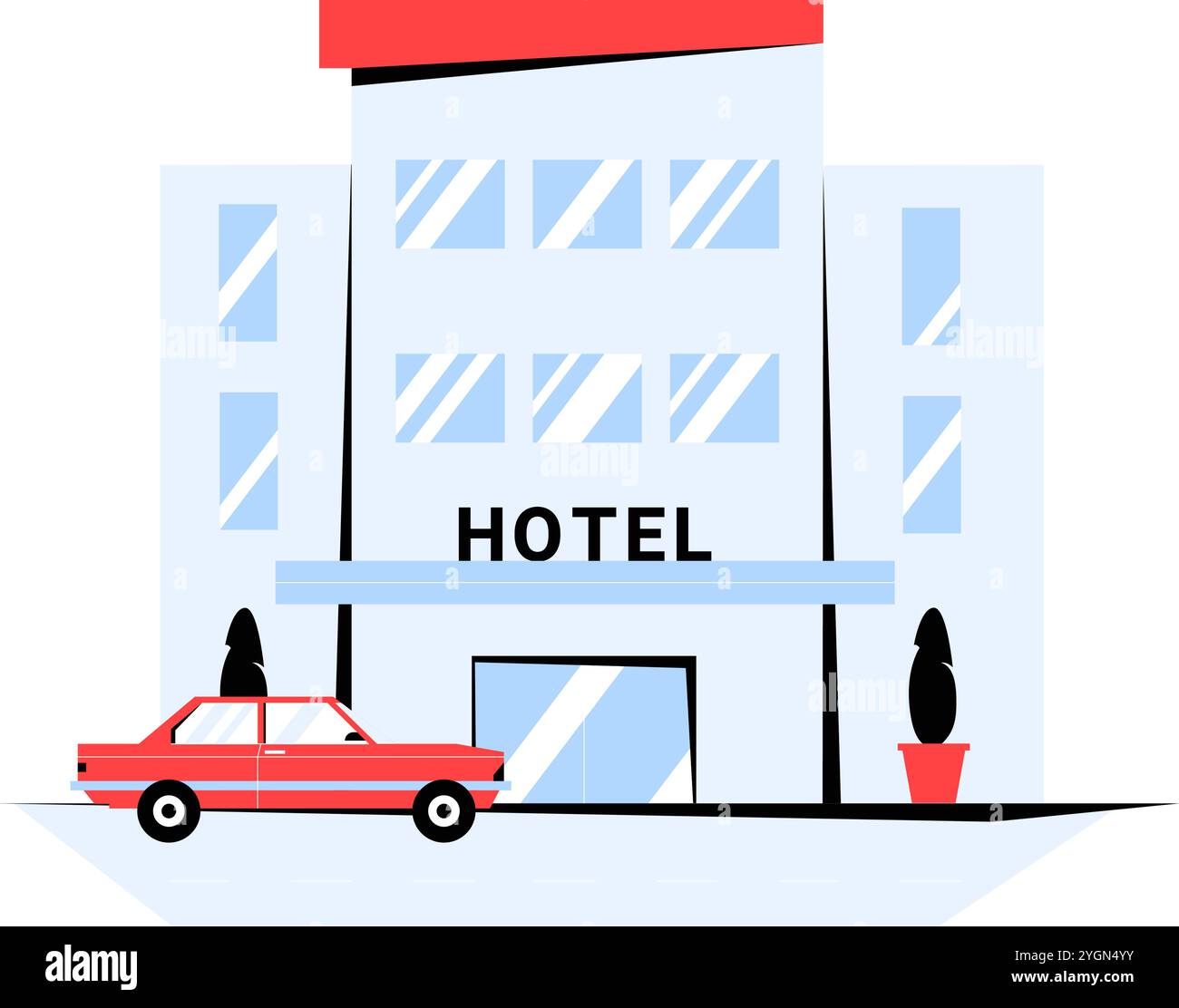 Edificio dell'hotel con auto parcheggiata in Flat Vector illustrazione che simboleggia ospitalità, sistemazione e servizi turistici, isolato su sfondo bianco Illustrazione Vettoriale