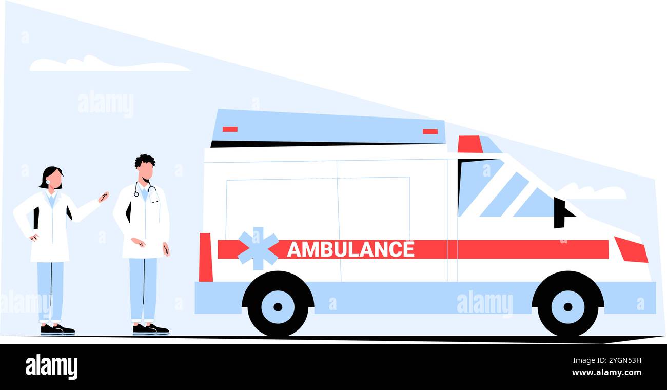 Furgone ambulanza con due professionisti medici in illustrazione vettore piatto che simboleggia risposta di emergenza, assistenza sanitaria e servizi medici, isolato su Illustrazione Vettoriale