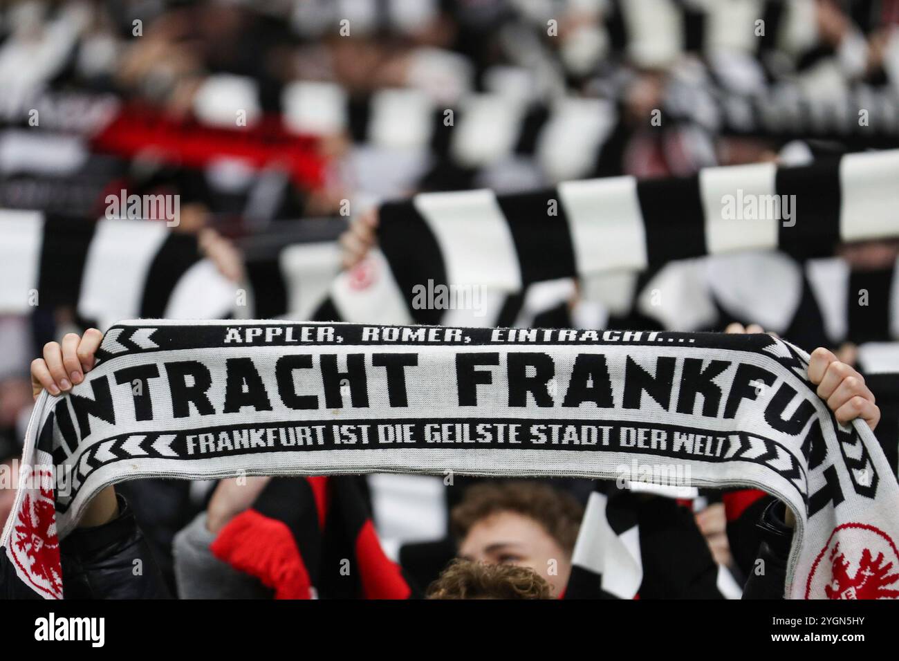 Francoforte, Germania. 7 novembre 2024. UEFA Europa League - Eintracht Frankfurt - SK Slavia Prag am 07.11.2024 im Deutsche Bank Park di Francoforte Eintracht Frankfurt fan Schal - Feature, Symbol, Symbolfoto, charakteristisch, dettaglio foto: Osnapix credito: dpa/Alamy Live News Foto Stock