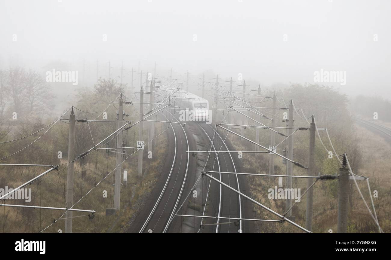 Un treno ICE della Deutsche Bahn corre in autunno nebbioso su una linea ferroviaria nei pressi di Neugarten, 06.11.2024, Neugarten, Brandeburgo, Germania, Europa Foto Stock