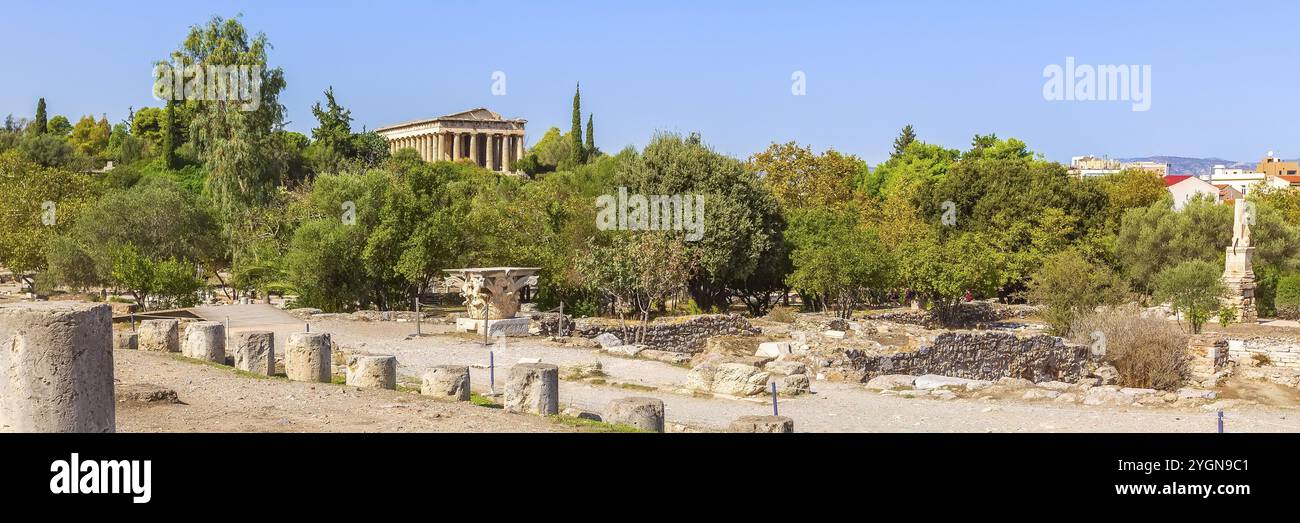 Atene, Grecia, antiche rovine di Agorà vicino all'Acropoli, vista panoramica, Europa Foto Stock