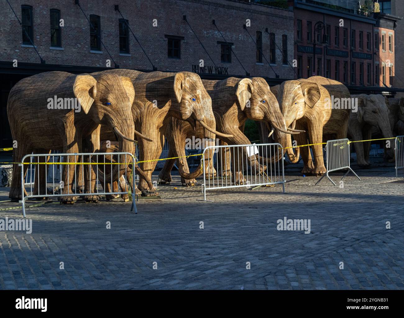 New York, Stati Uniti. 23 ottobre 2024. Gli elefanti a grandezza naturale della specie vegetale Lantana camara si trovano dietro le barriere nel Meatpacking District di Manhattan. I 100 elefanti sono un'installazione artistica creata da artigiani indigeni (collettivo di coesistenza) per motivare altre persone a condividere meglio il mondo con i loro vicini animali. Credito: Soeren Stache/dpa/Alamy Live News Foto Stock