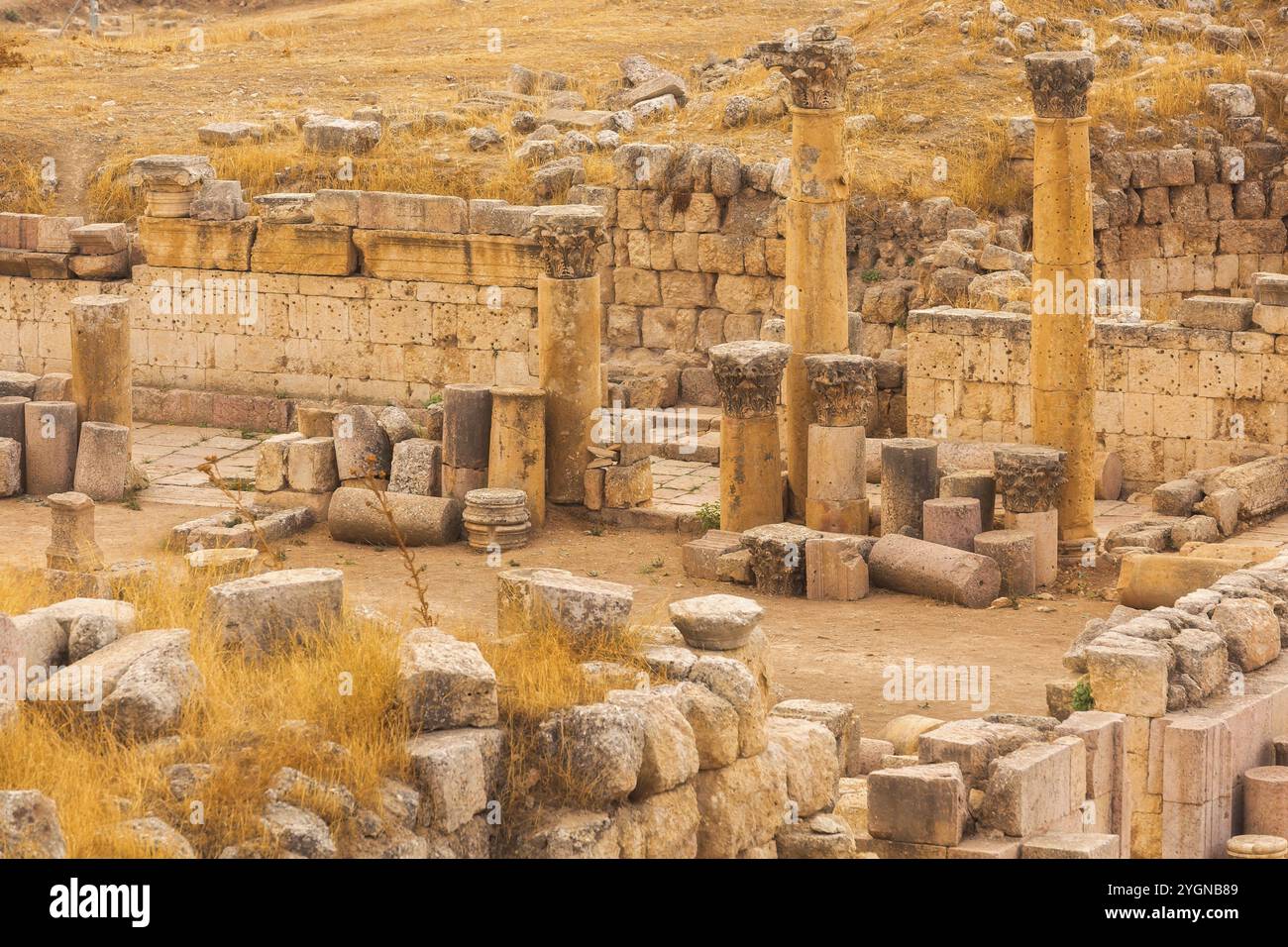 Jerash Gerasa, Giordania, antiche colonne romane da vicino, Asia Foto Stock