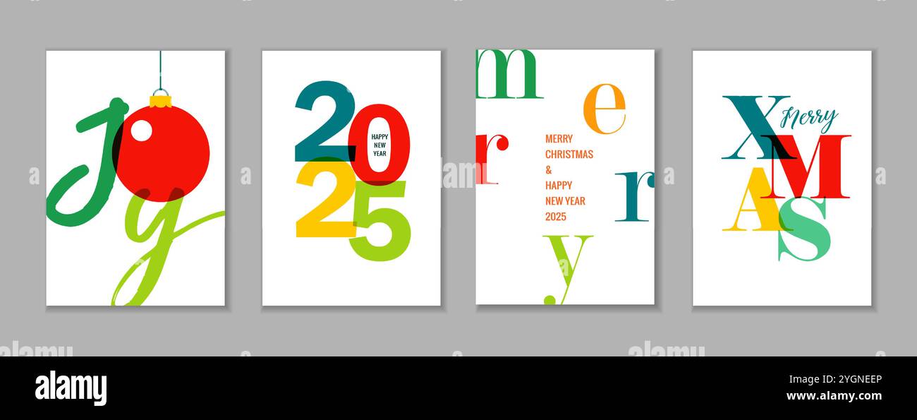 Felice anno nuovo 2025 e poster natalizi con tipografia colorata. Modello di design Vector Holiday con logo 2025 colorato e testo Merry Christmas Illustrazione Vettoriale