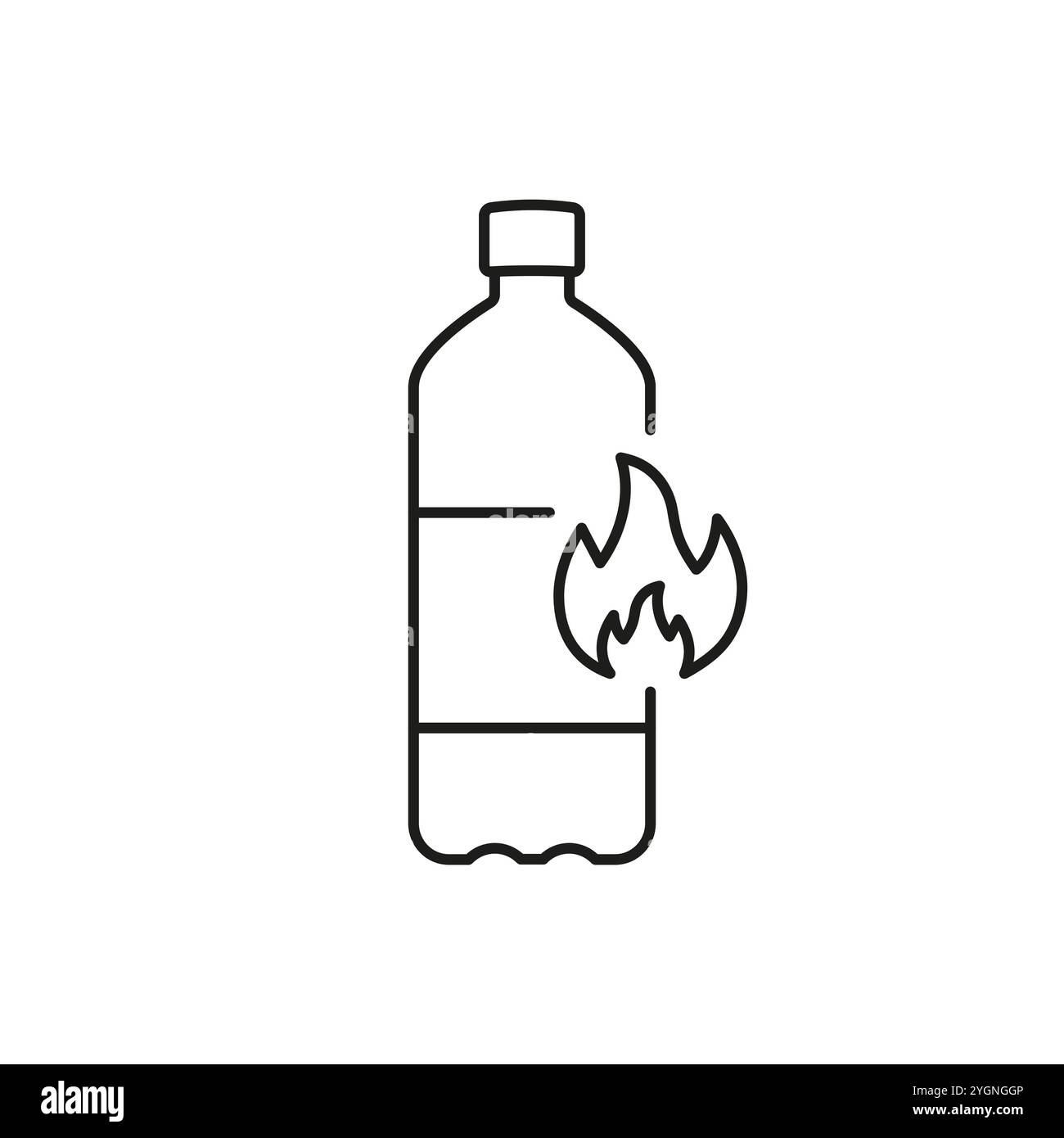 Concetto di Energy Boost con l'icona della linea di bottiglie e fiamme, per energizzare le bevande. Illustrazione del vettore isolato Illustrazione Vettoriale