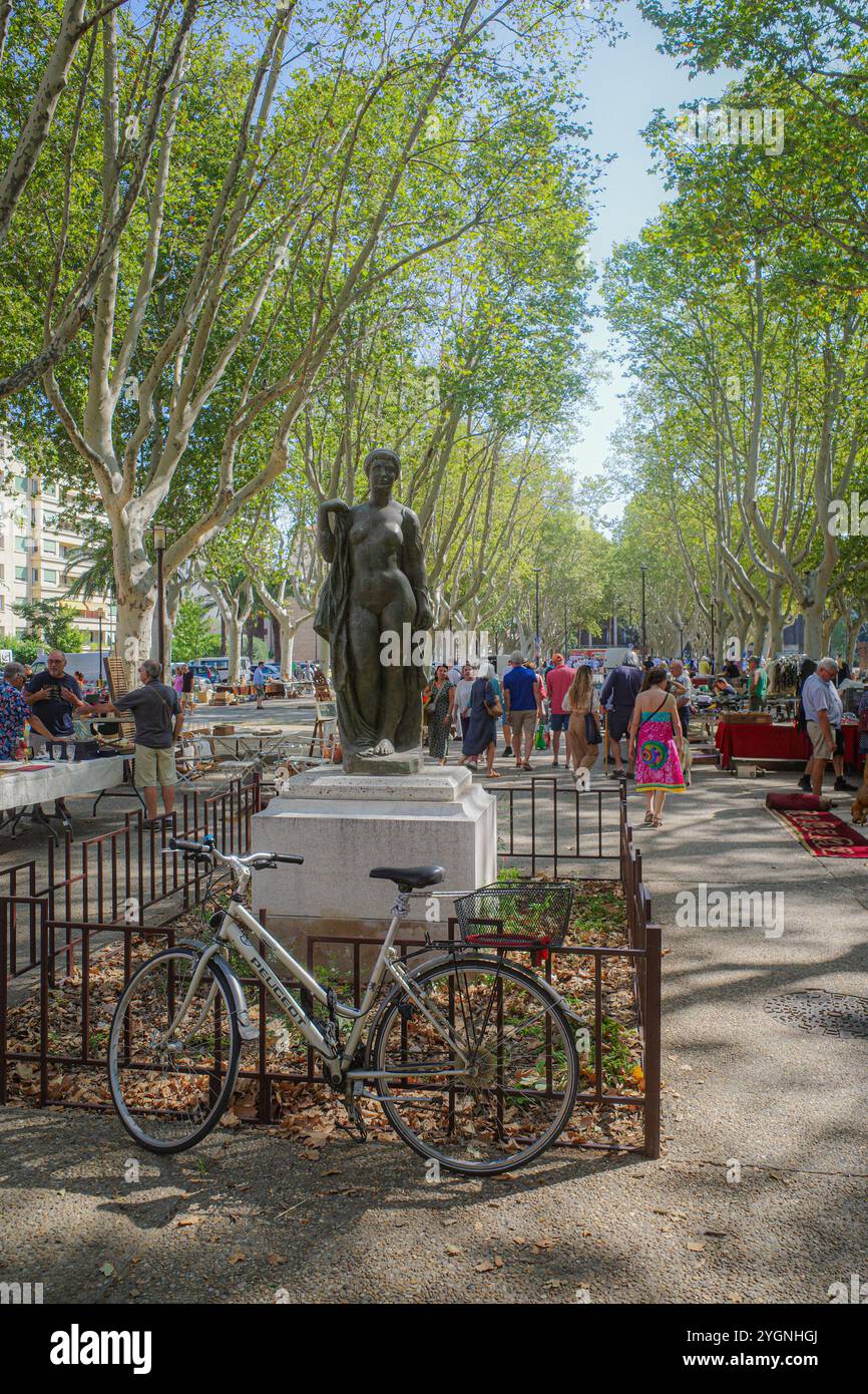 Perpignan, Francia - 24 agosto 2024: Mercato delle pulci nel parco pubblico di Perpigan, Pirenei orientali Foto Stock