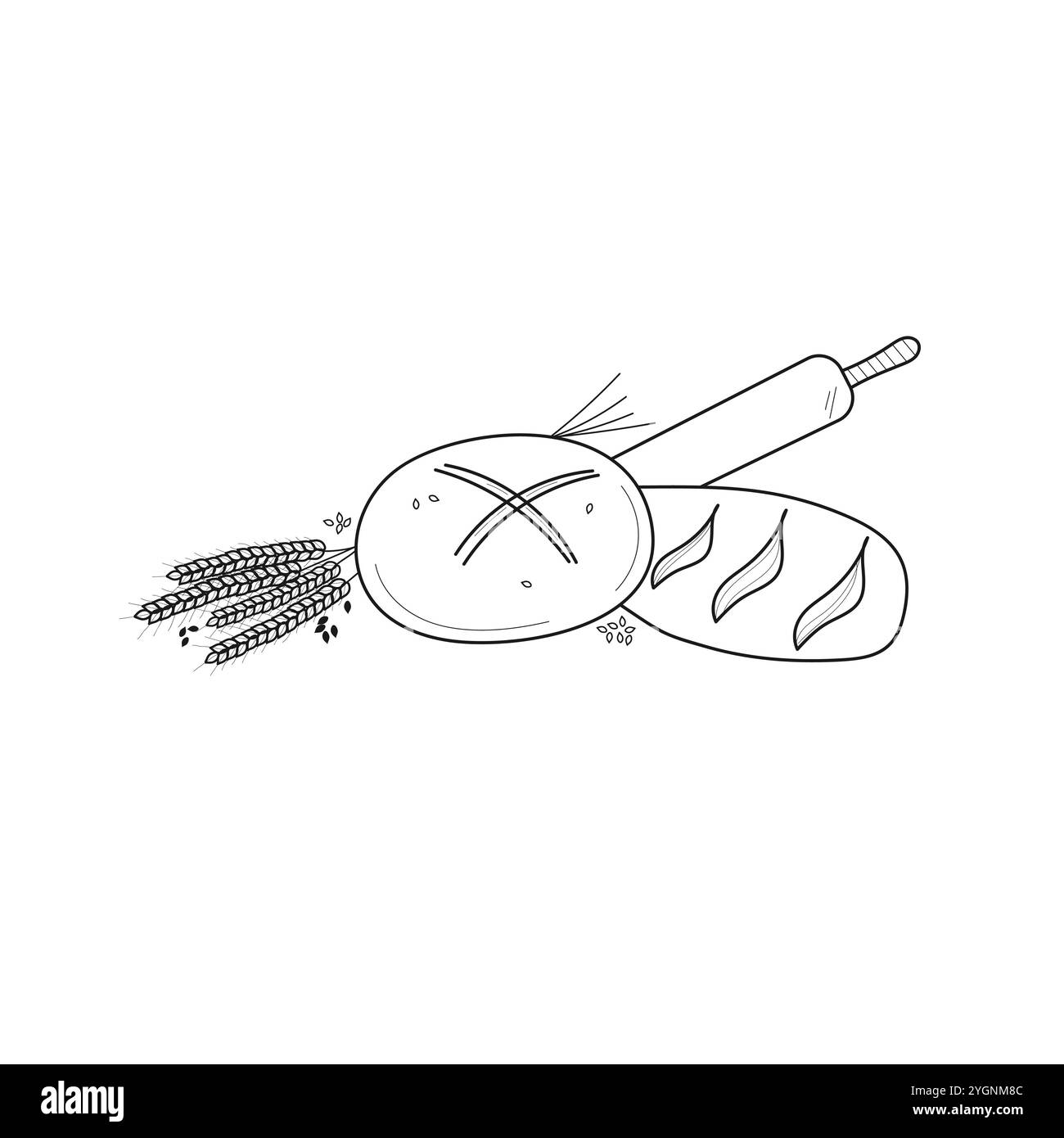 Pani di pane in stile doodle. Illustrazione vettoriale disegnata a mano isolata su sfondo bianco. Illustrazione Vettoriale