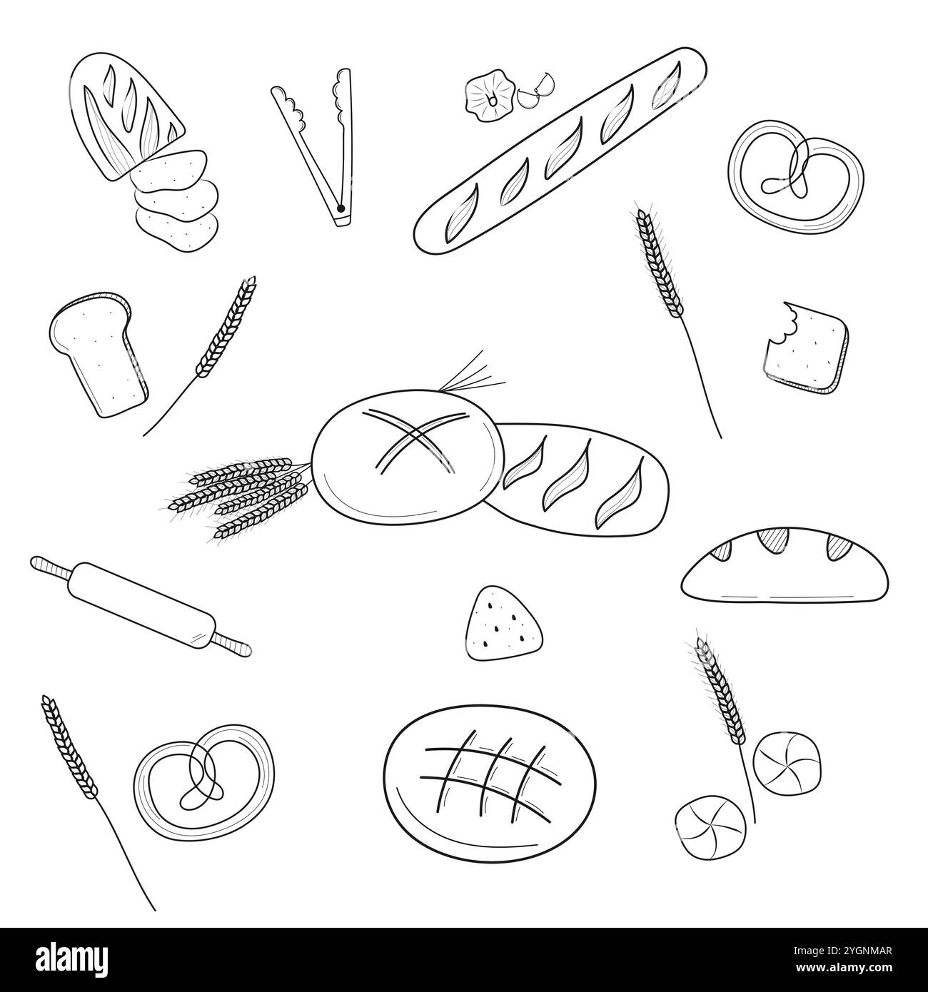 Set di pane e panificio. Bagel, baguette, panino, pane a fette. Illustrazione vettoriale disegnata a mano isolata su sfondo bianco. Illustrazione Vettoriale