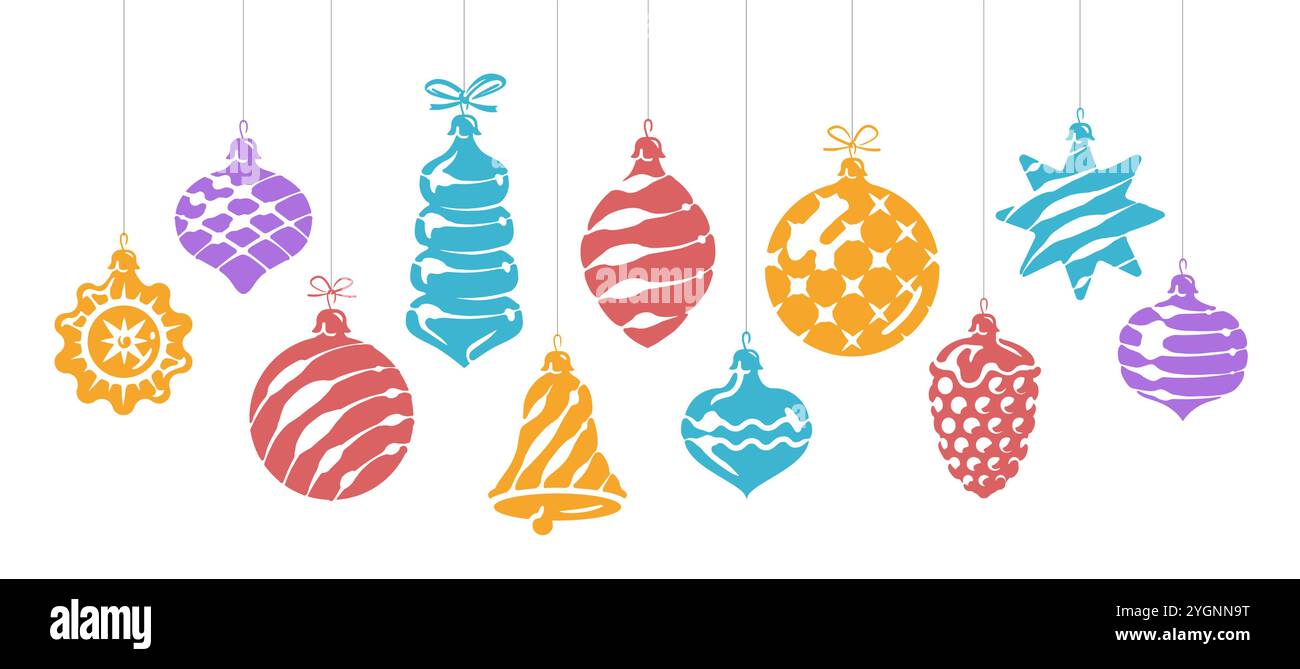 Appendere ornamenti natalizi. Decorazioni palle e giocattoli sull'albero. Illustrazione vettoriale del banner natalizio per il nuovo anno Illustrazione Vettoriale