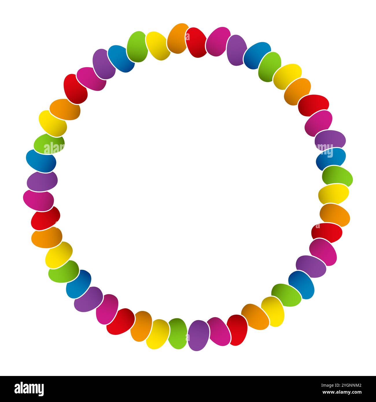 Cornice circolare con uova di Pasqua multicolore. La disposizione circolare di forme colorate e arrotondate crea un bordo vibrante. Foto Stock