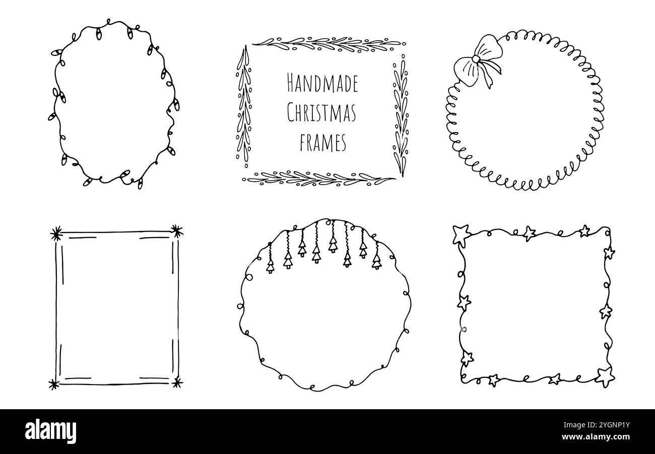 Un set di cornici natalizie, disegni lineari a mano. Decorazioni natalizie, Capodanno, biglietti d'auguri, striscioni, ornamenti per Capodanno Illustrazione Vettoriale