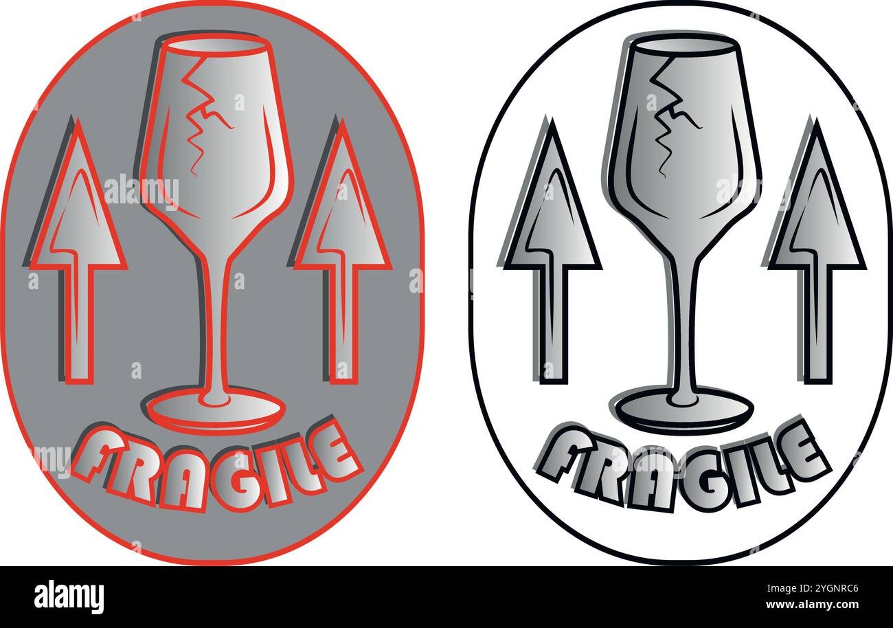 Due adesivi con il simbolo fragile che mostrano la wineglass rotta e le frecce verso l'alto, concetto di maneggevolezza durante il trasporto Illustrazione Vettoriale