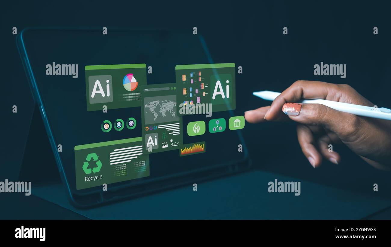 Donna che utilizza notebook per analizzare ESG sullo schermo nel concetto di strategia di investimento aziendale, ambiente ESG social governance investimenti business conce Foto Stock