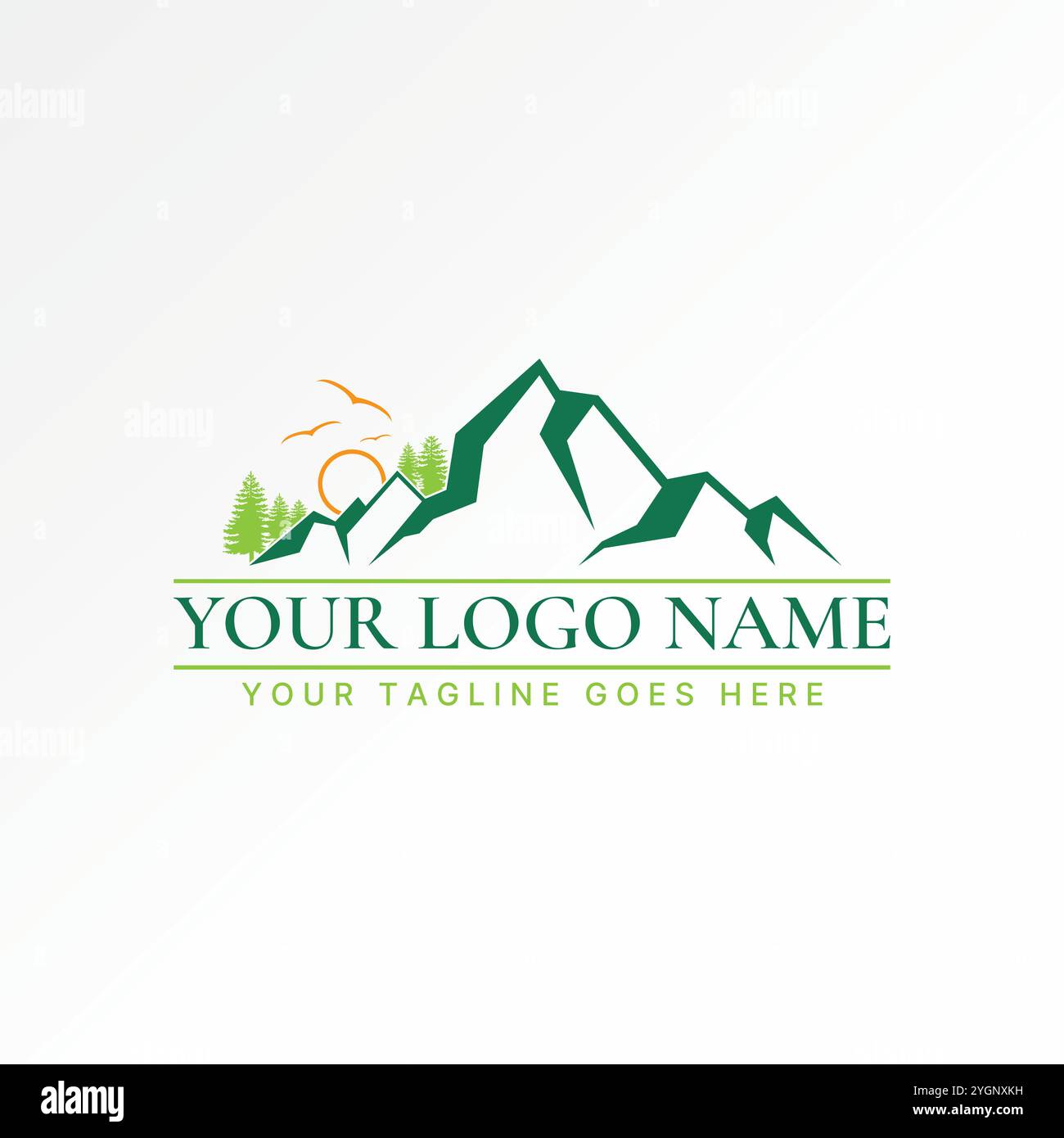 Design del logo concept grafico grafica grafica grafica vettoriale premium grafica semplice uccelli volanti unici nel parco delle colline di montagna. Avventura correlata foresta verde Illustrazione Vettoriale