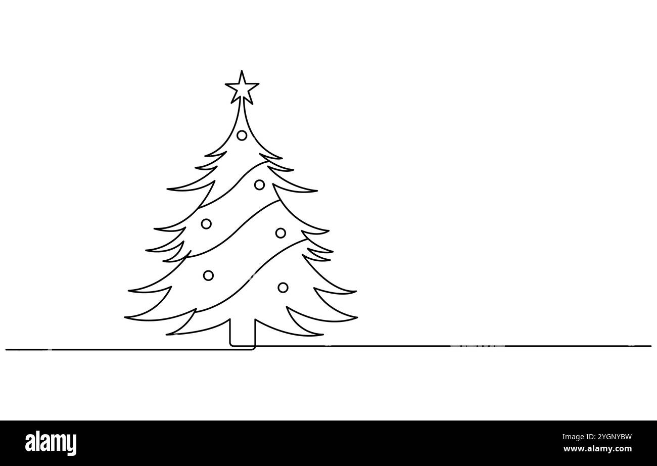Albero di Natale nel disegno della linea continua con neve con tratto modificabile Illustrazione Vettoriale