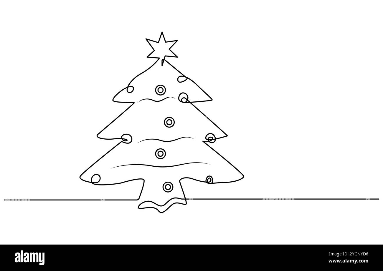 Albero di Natale nel disegno della linea continua con neve con tratto modificabile Illustrazione Vettoriale
