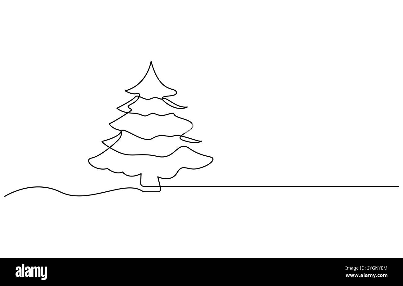 Albero di Natale nel disegno della linea continua con neve con tratto modificabile Illustrazione Vettoriale