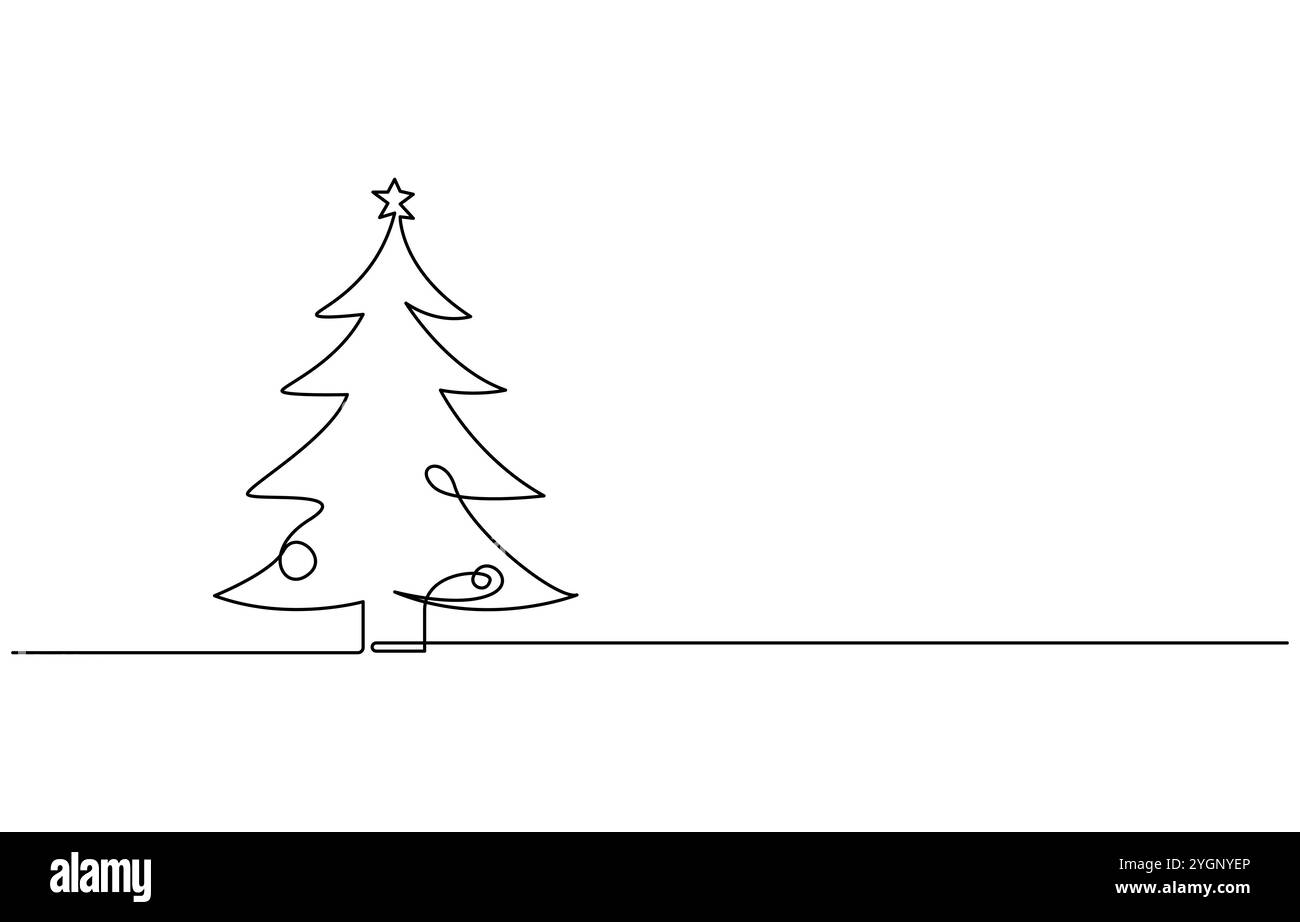 Albero di Natale nel disegno della linea continua con neve con tratto modificabile Illustrazione Vettoriale