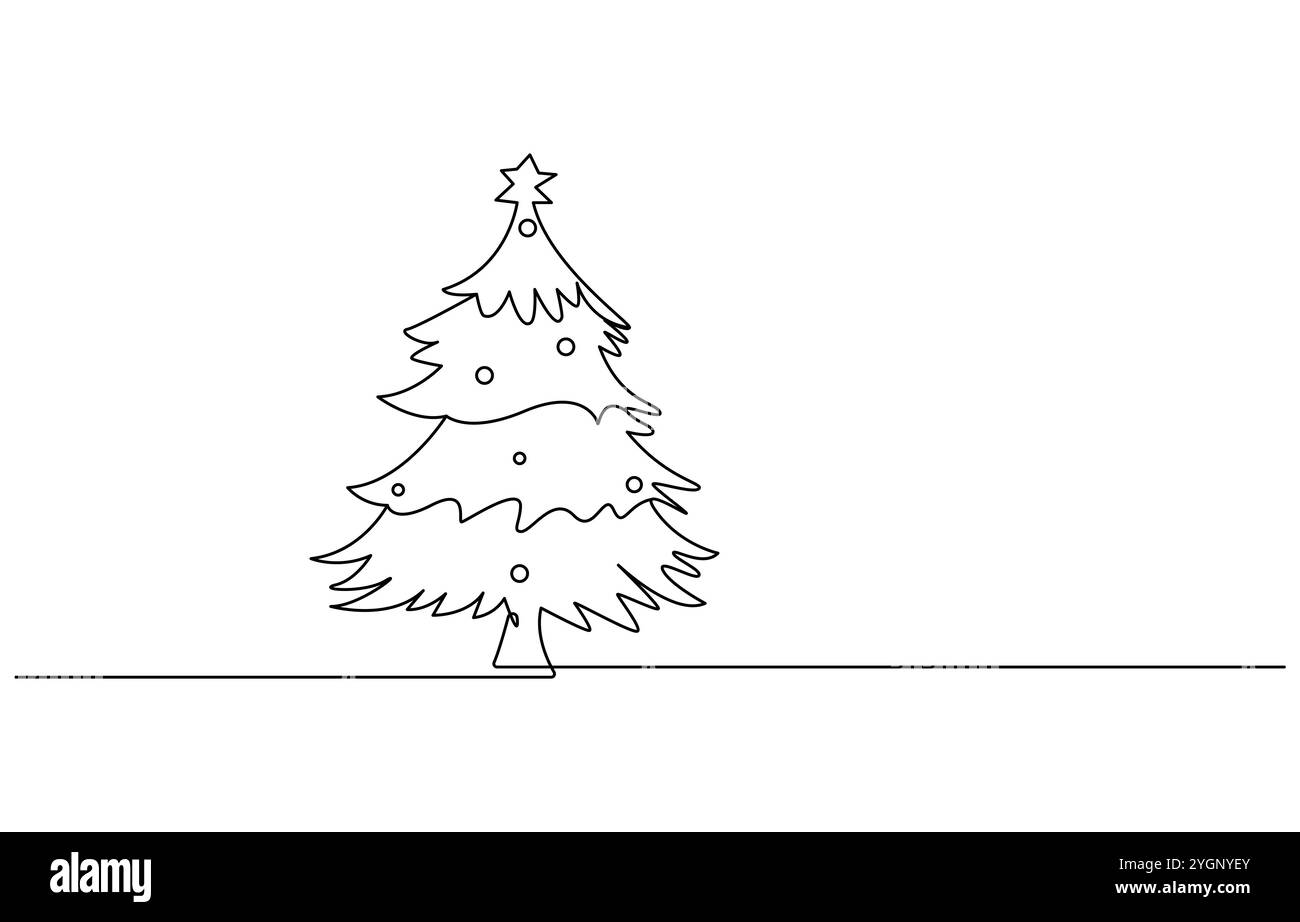 Albero di Natale nel disegno della linea continua con neve con tratto modificabile Illustrazione Vettoriale