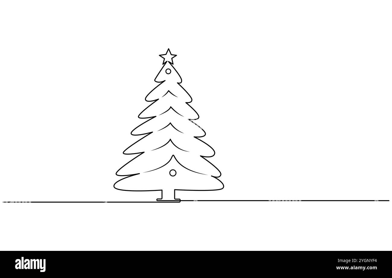 Albero di Natale nel disegno della linea continua con neve con tratto modificabile Illustrazione Vettoriale