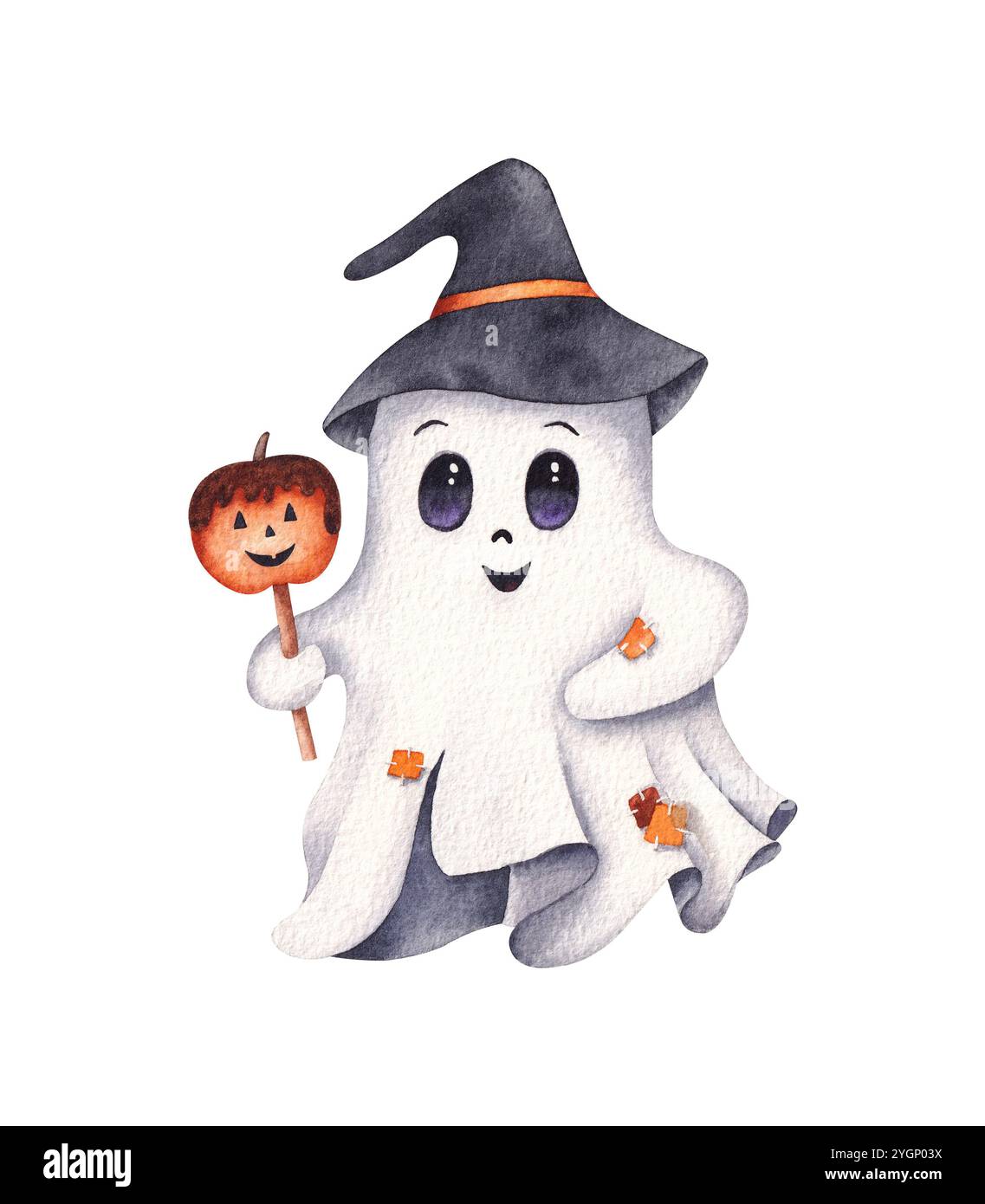 Un fantasma carino in un cappello da strega. Un personaggio di Halloween. Illustrazione ad acquerello disegnata a mano isolata su sfondo bianco. Foto Stock