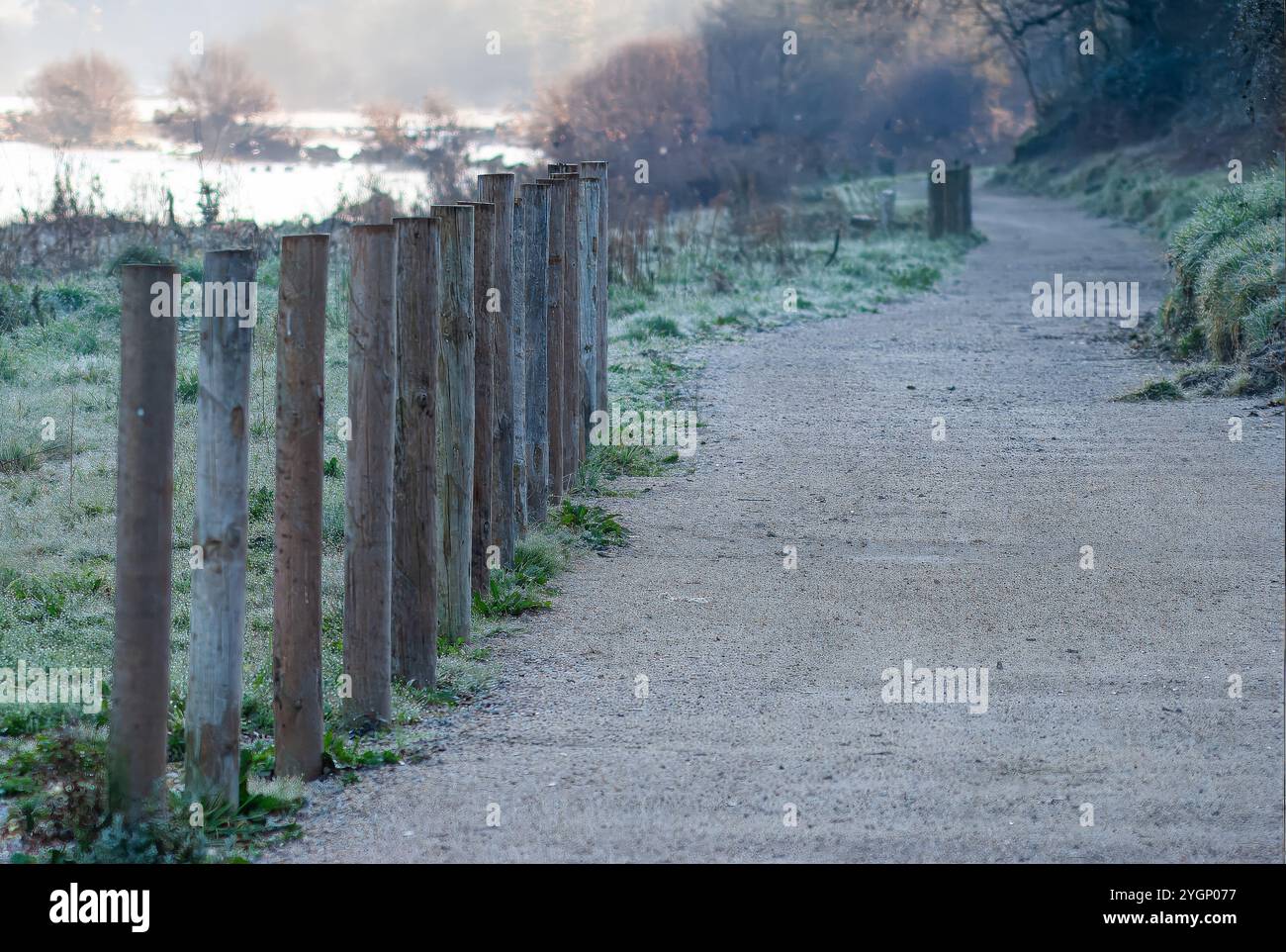 Sentiero escursionistico lungo il fiume con alcuni pali di legno sul lato Foto Stock