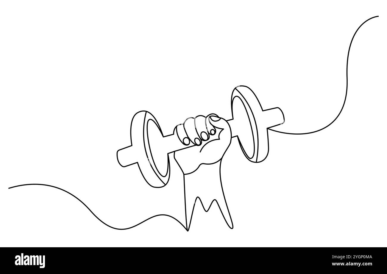Barbel in un'unica linea continua art stile disegno palestra fitness sport concept illustrazione vettoriale, Sports Dumbbell One line art. Linea continua Illustrazione Vettoriale