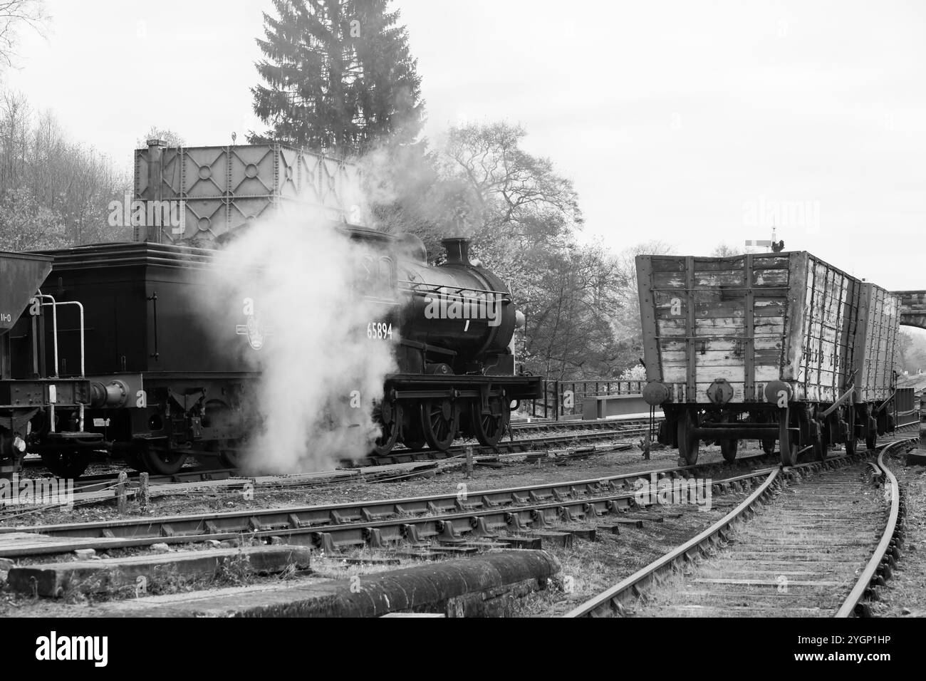 Bianco e nero, monocromatico, North Yorkshire Moors Railway, NYMR, Moorlander, P3 65894 che si getta alla stazione di Goathland. Foto Stock