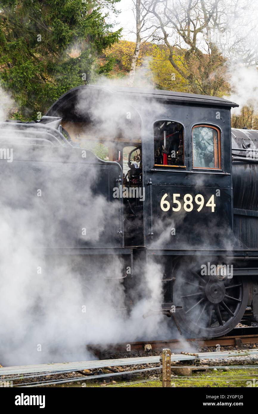 North Yorkshire Moors Railway, NYMR, Moorlander, P3 65894 che si getta alla stazione di Goathland. Foto Stock