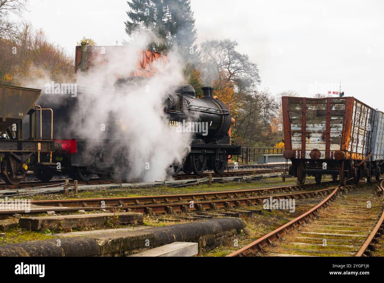 North Yorkshire Moors Railway, NYMR, Moorlander, P3 65894 che si getta alla stazione di Goathland. Foto Stock