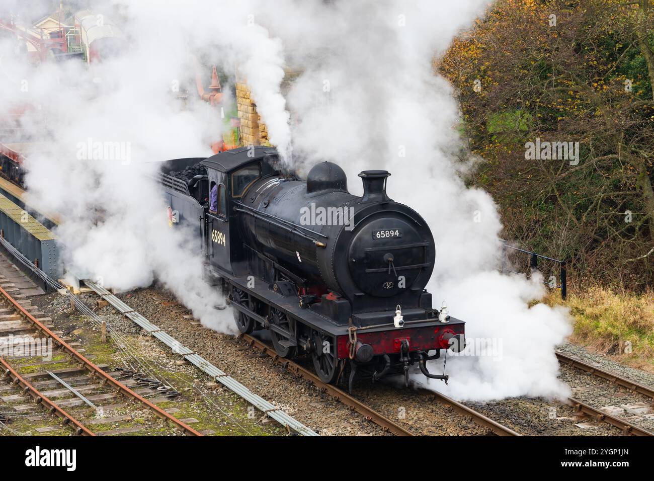 North Yorkshire Moors Railway, NYMR, Moorlander, P3 65894 che si getta alla stazione di Goathland. Foto Stock